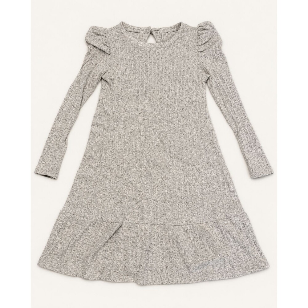 Gray Ribbed Knit Long Sleeve Ruffle Shoulder Dress Size S Stretch